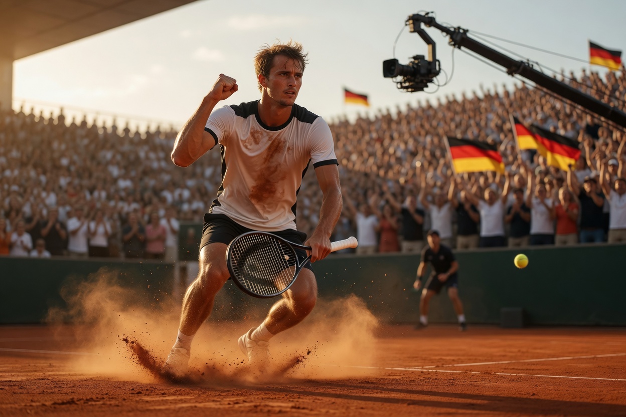 Alexander Zverev celebrates match point on red clay at golden hour, crowd waving German