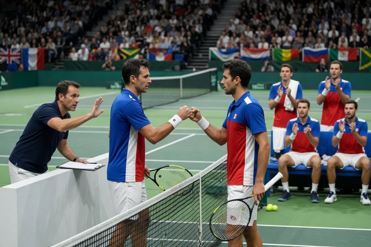 Doubles tennis players fist-bump as their captain coaches from the bench and teammates cheer,