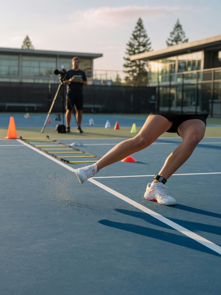 Close-up of a tennis player’s feet executing a split-step on a blue hard court