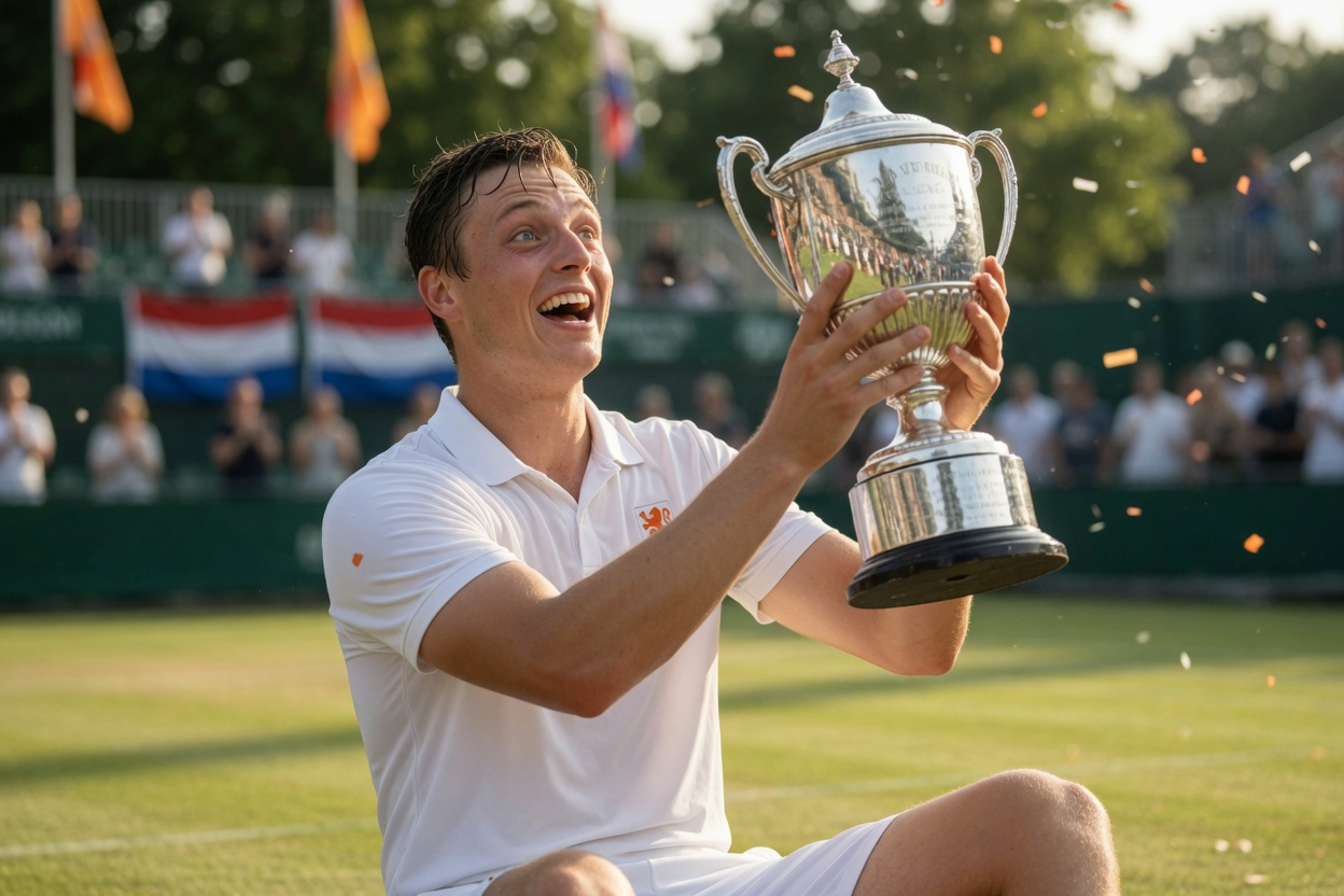 Editorial sports photo of Tim van Rijthoven lifting a trophy on a grass court