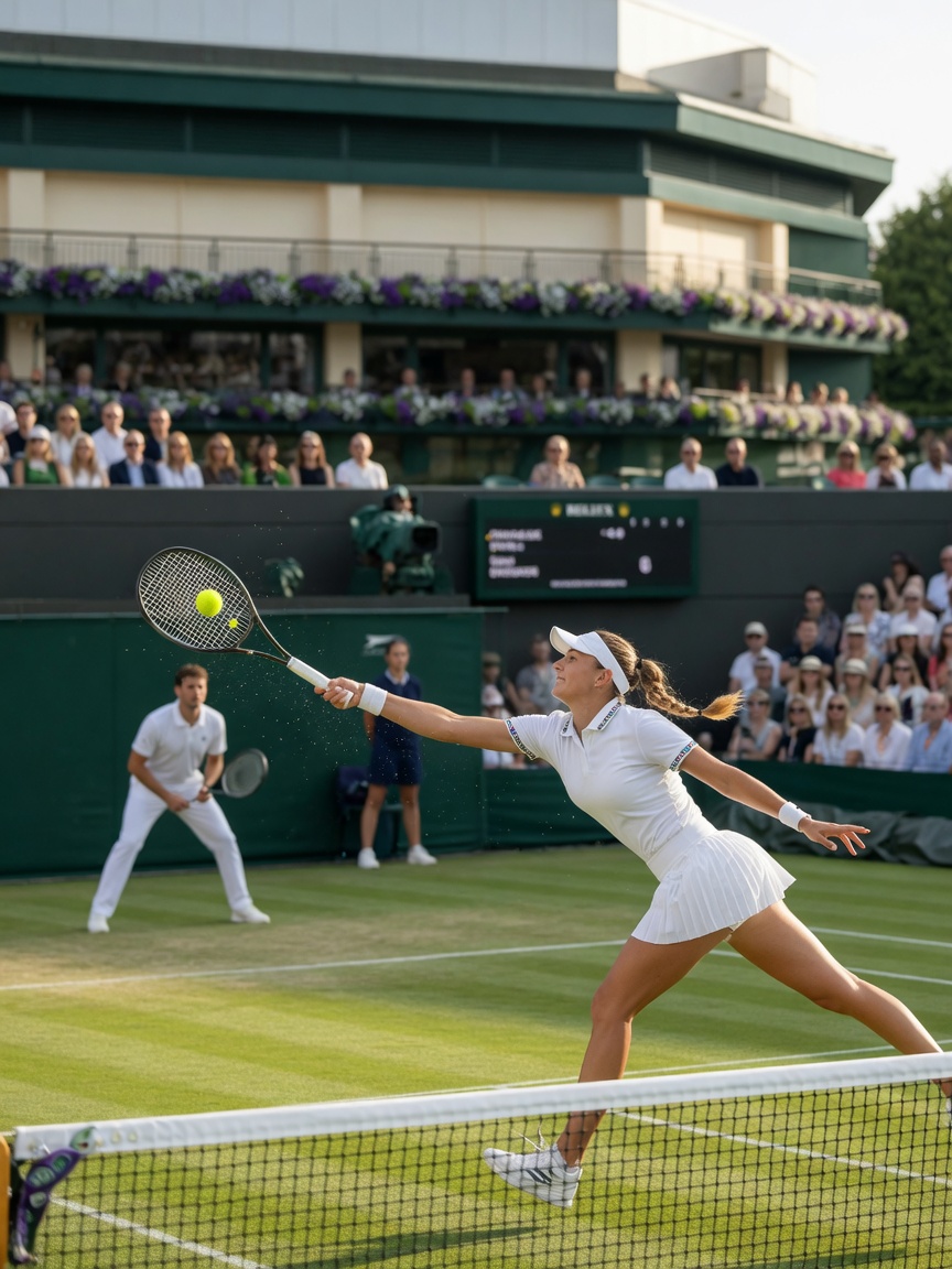Dramatische Action auf dem Centre Court 2026: Ein Spieler in Weiß hechtet am Netz