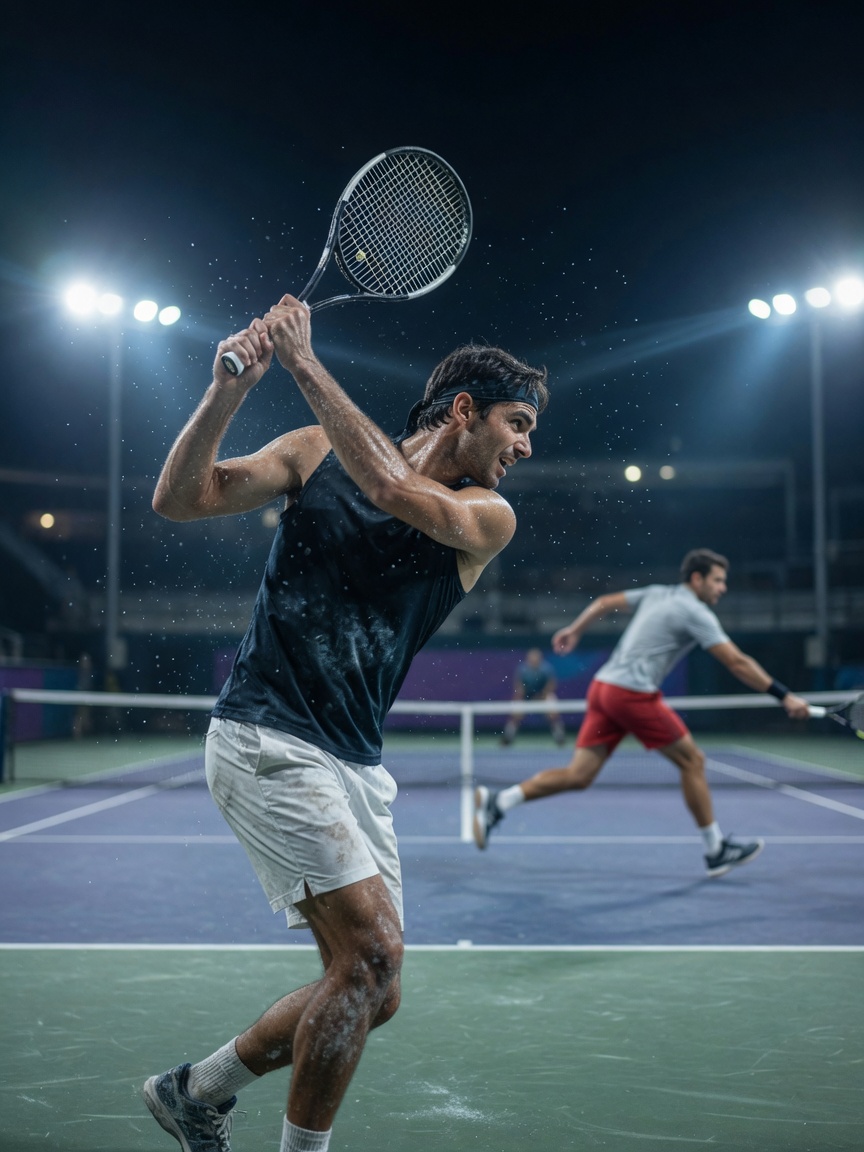 Dominanz im ATP-Herrentennis: Führender Spieler trifft Rückhand, Verfolger sprintet unter Flutlicht.