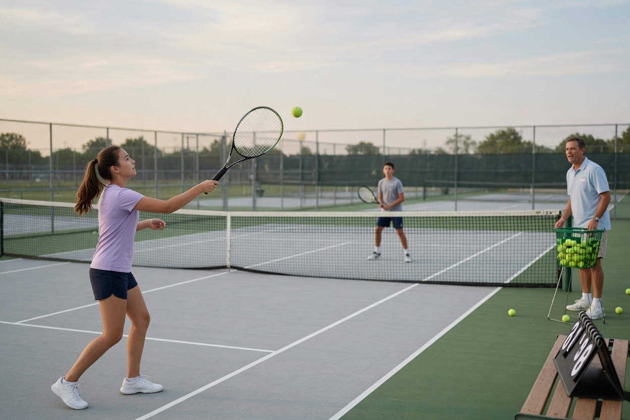Beginner tennis lesson showing forehand basics, court lines, coach and net