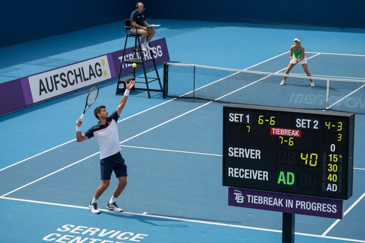 Over-the-shoulder umpire-chair viewpoint of a live tennis point on a blue hard court: the