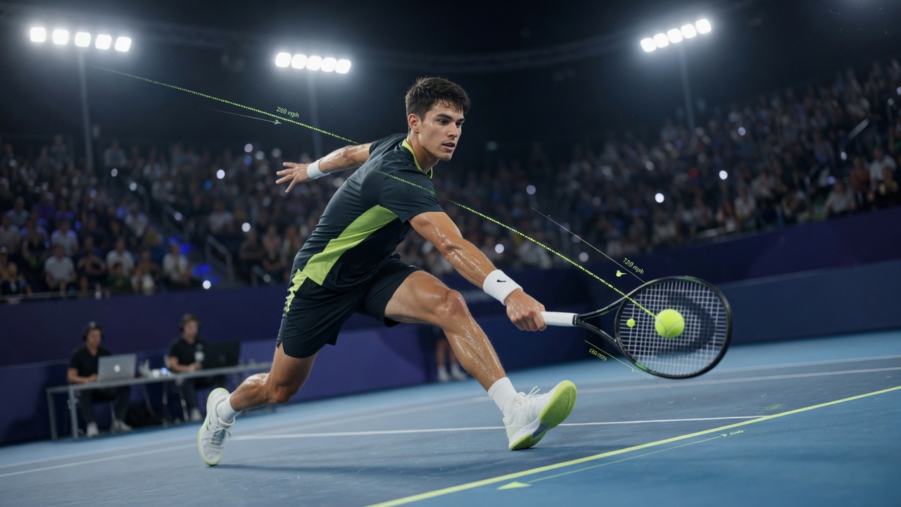 A young pro tennis player lunges for a forehand on a night court with