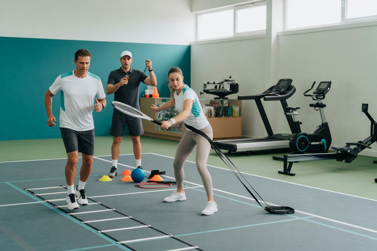 Photographic close-up action on an indoor tennis court: a single tournament-ready player in a